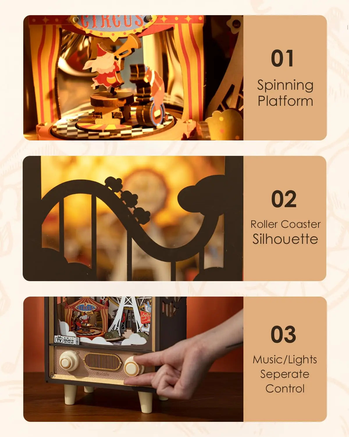 Robotime Rolife Sunset Carnival Music Boxes with Lights Ferris Wheel Home Decoration 3D Wooden Puzzle