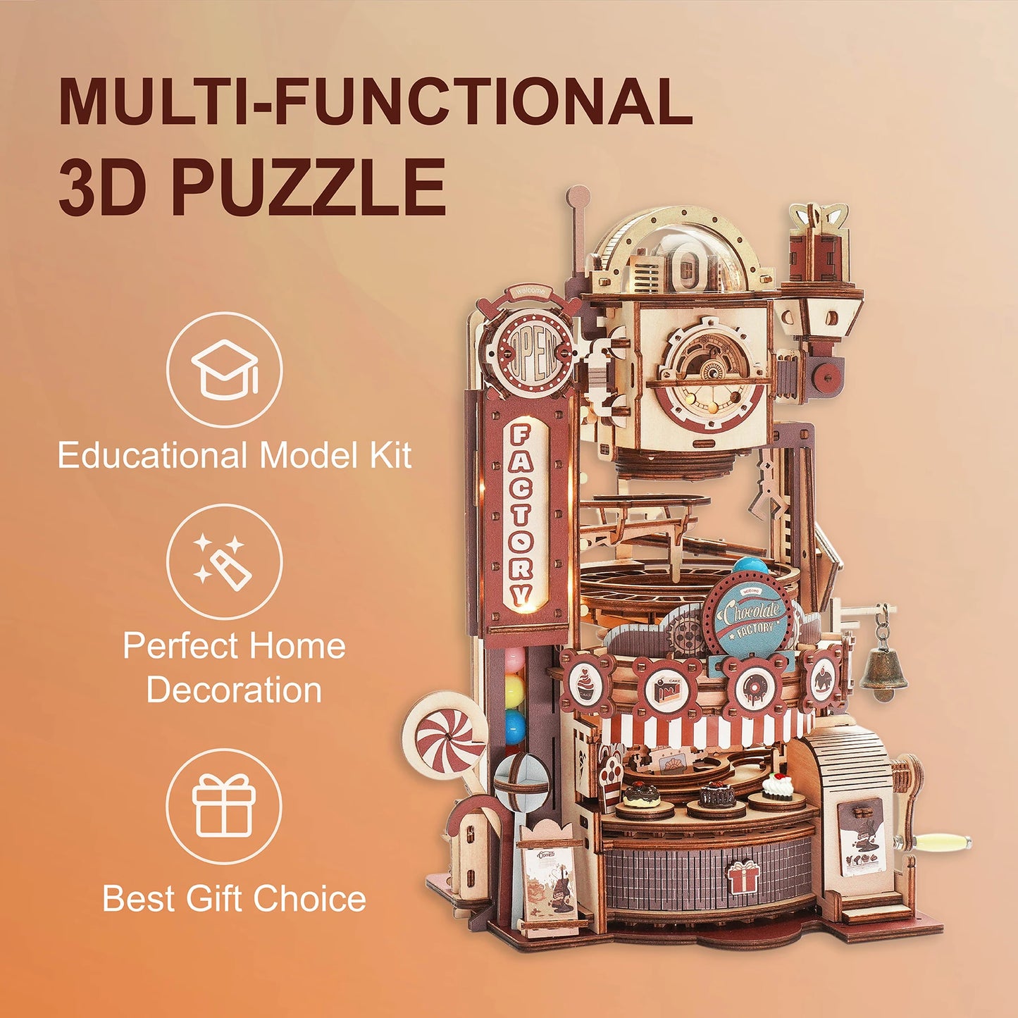 Robotime ROKR 420pcs DIY Chocolate Factory 3D Wooden Puzzle Assembly Marble Run LGA02