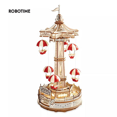 Robotime ROKR Parachute Tower DIY Music Box Moveable Magic Amusement Park Wooden Puzzle