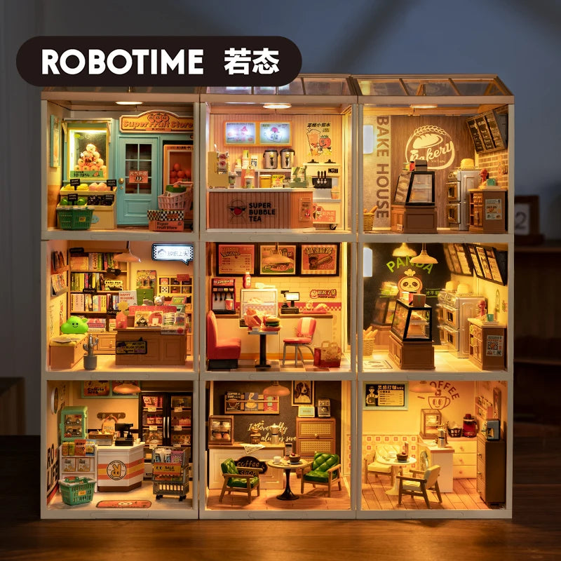 Robotime Rolife Super Creator Series Plastic Dollhouse Building Blocks Yum Burgers Leisurely Cheers Bar Sweet Sips Tea