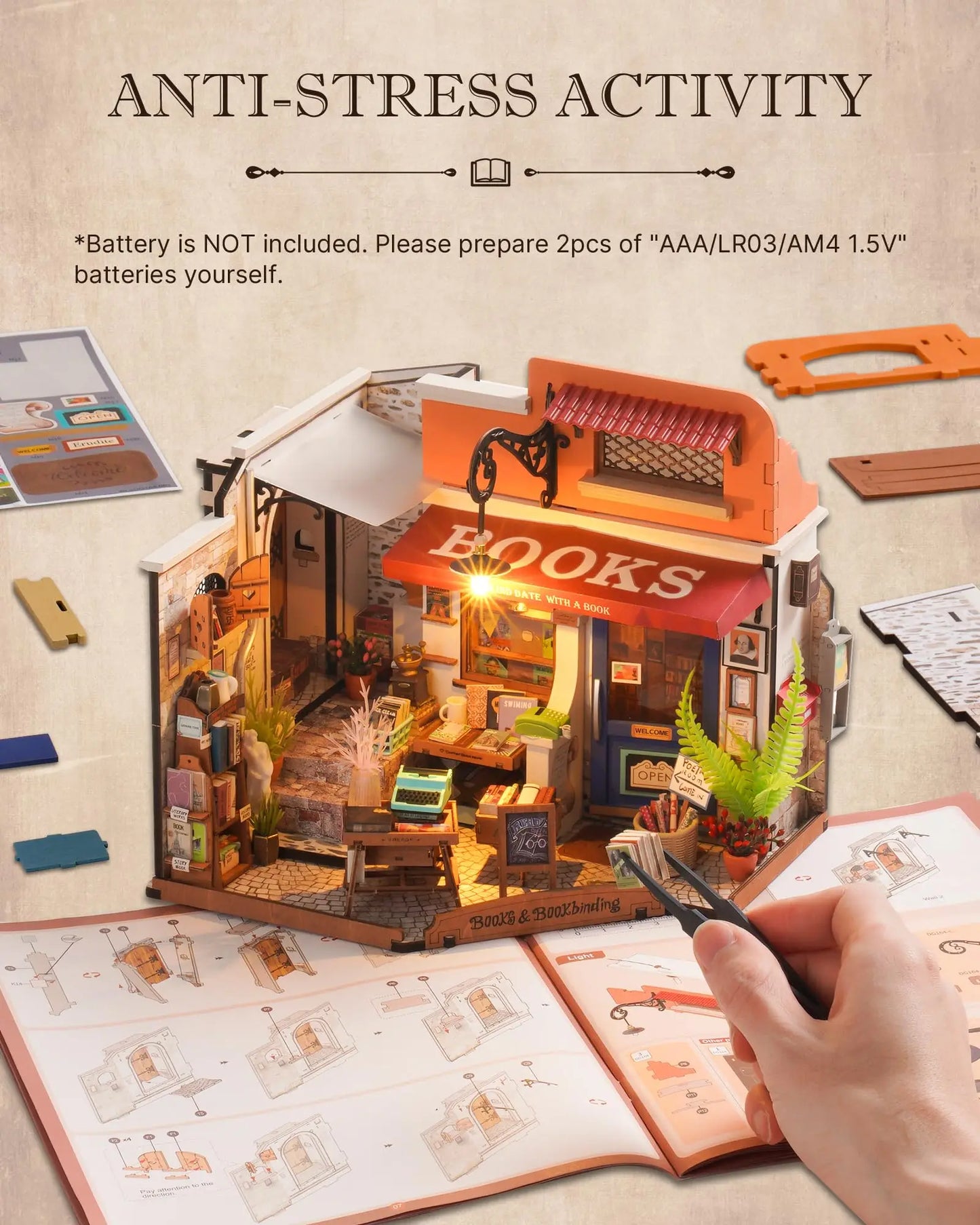 Robotime Rolife Corner Bookstore DIY Miniature House Kit Build Mini House Building Kit with LED Lights Craft