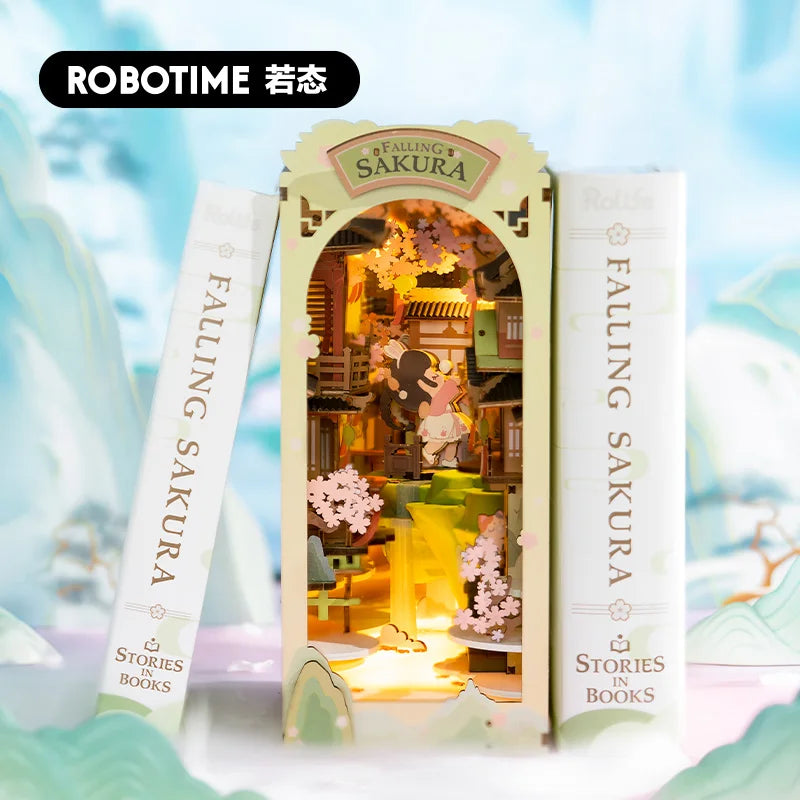 Robotime Rolife Falling Sakura Book Nook with Lights Easy Assemble Home Decoration Booknook TGB05