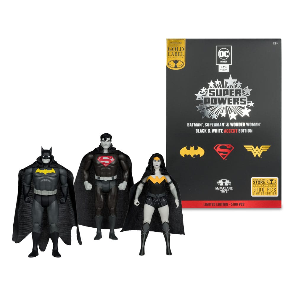 DC Direct Super Powers Action Figures Batman, Superman & Wonder Woman Black & White Accent Edition Gold Label 13 cm