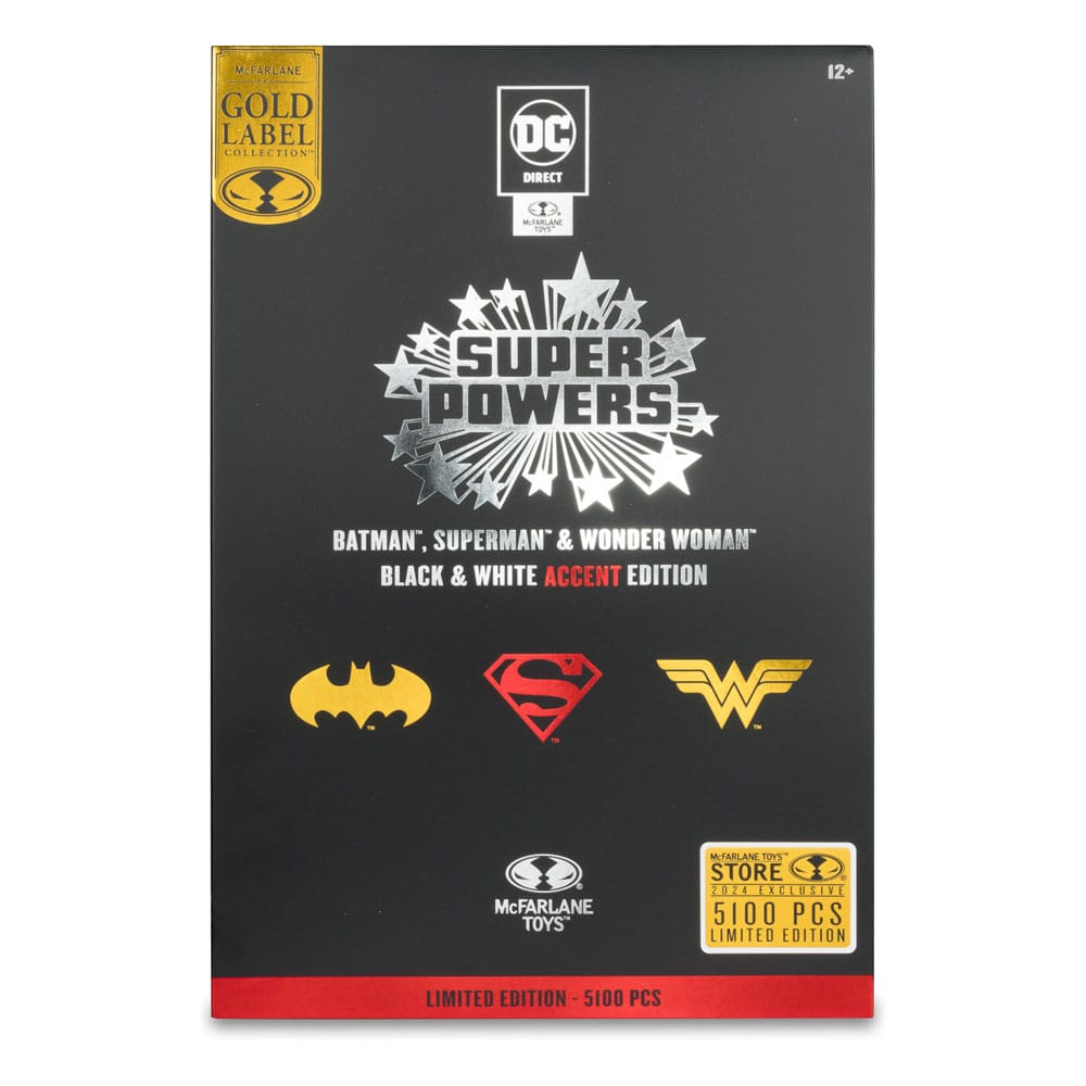 DC Direct Super Powers Action Figures Batman, Superman & Wonder Woman Black & White Accent Edition Gold Label 13 cm