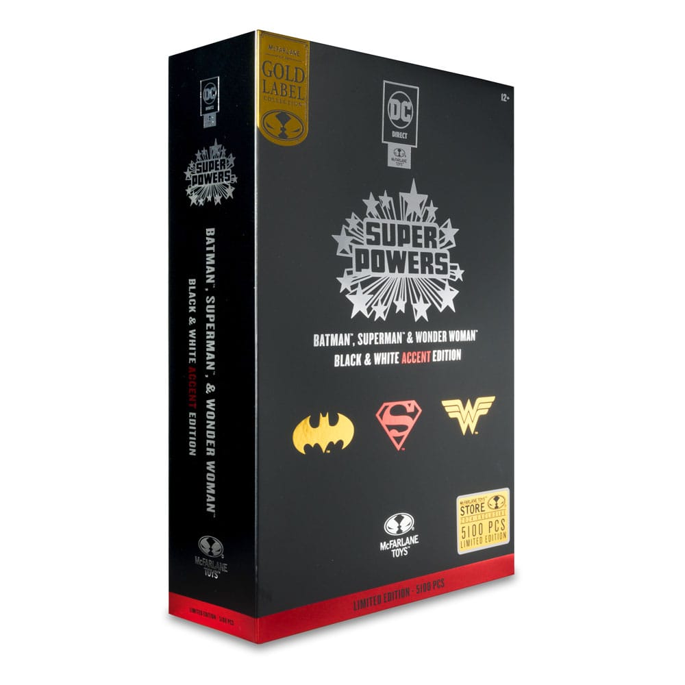 DC Direct Super Powers Action Figures Batman, Superman & Wonder Woman Black & White Accent Edition Gold Label 13 cm